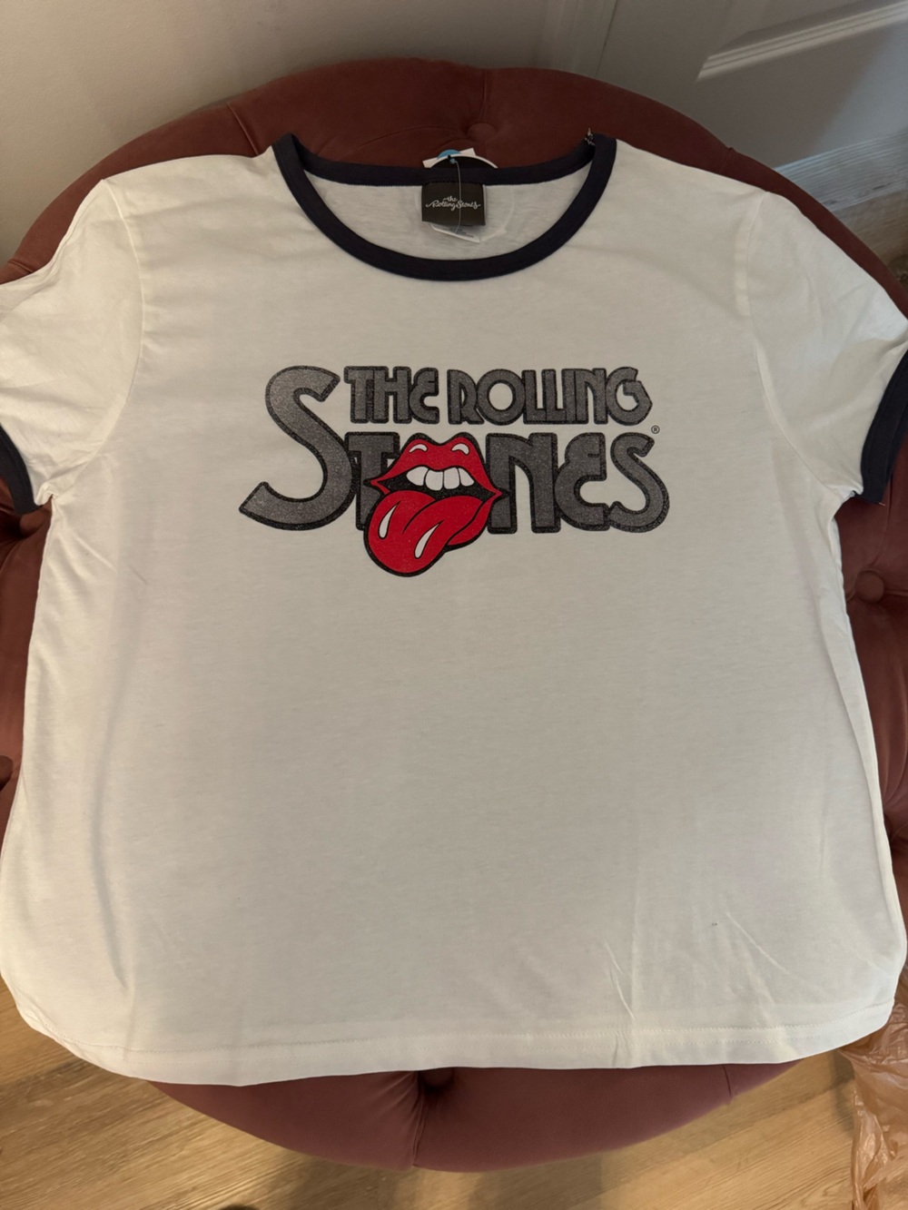 the Rolling Stones White Tee with Black Trim and Red Tongue Logo